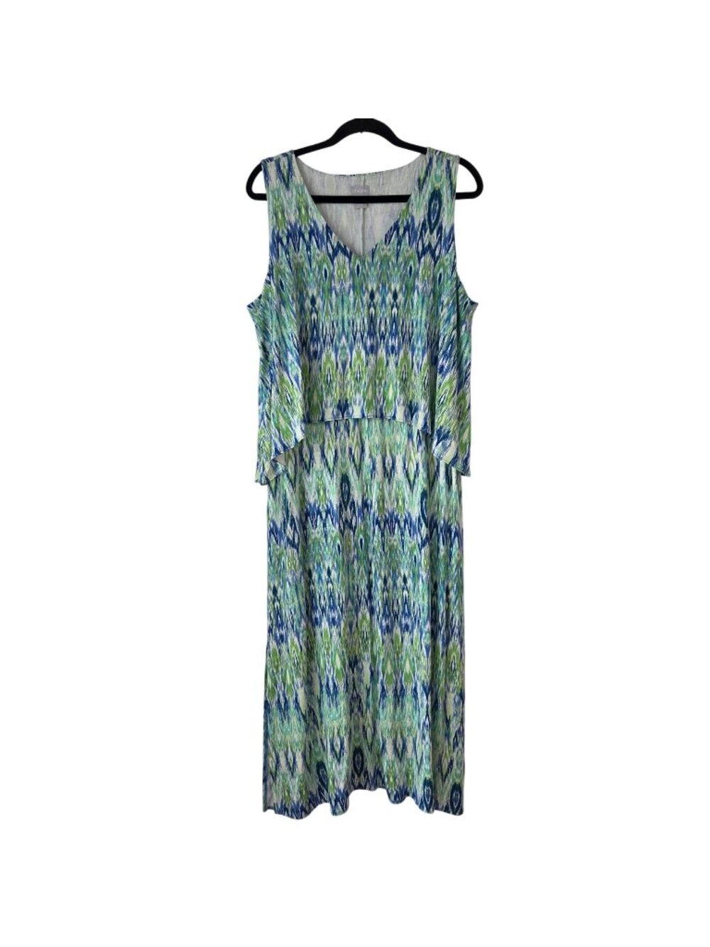 Chico's Maxi Dress Green Ikat Print Stretch Jersey Knit Women's 16/18